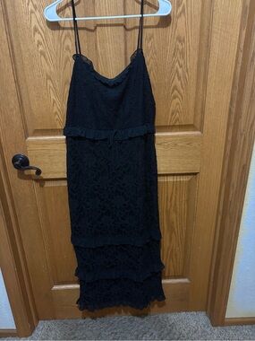 bebe Black Lace Midi Slip Dress with Ruffle Tiers